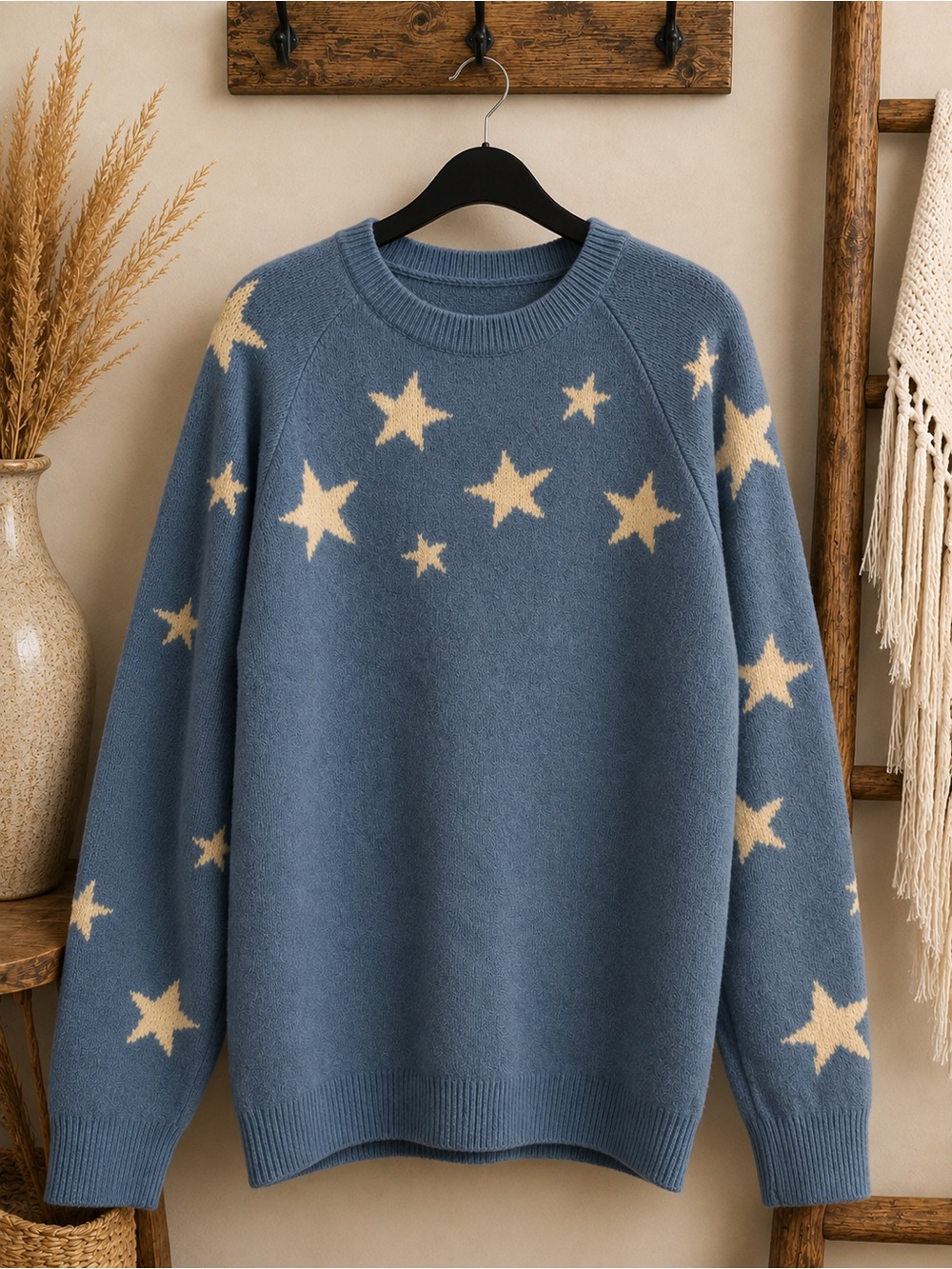 267🌟 Bibi Star Sweater Blue Cream Boho Oversized NWT Small ✨